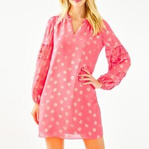 Lilly Pulitzer Giana Silk Dress Womens Size 6 Coral Pink Spritz Seagrass Ruffle